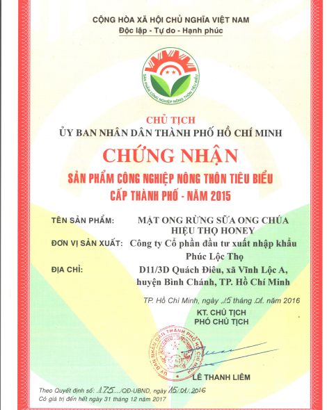 Chứng nhận sản phẩm mật ong rừng sữa ong chúa hiệu Thọ Honey