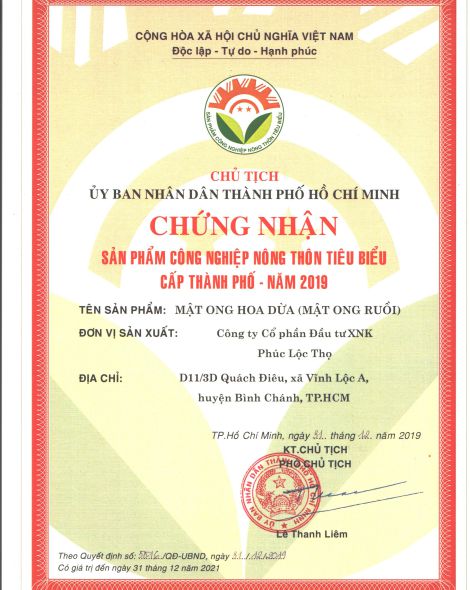 Chứng nhận sản phẩm mật ong Hoa Dừa (mật ong Ruồi)